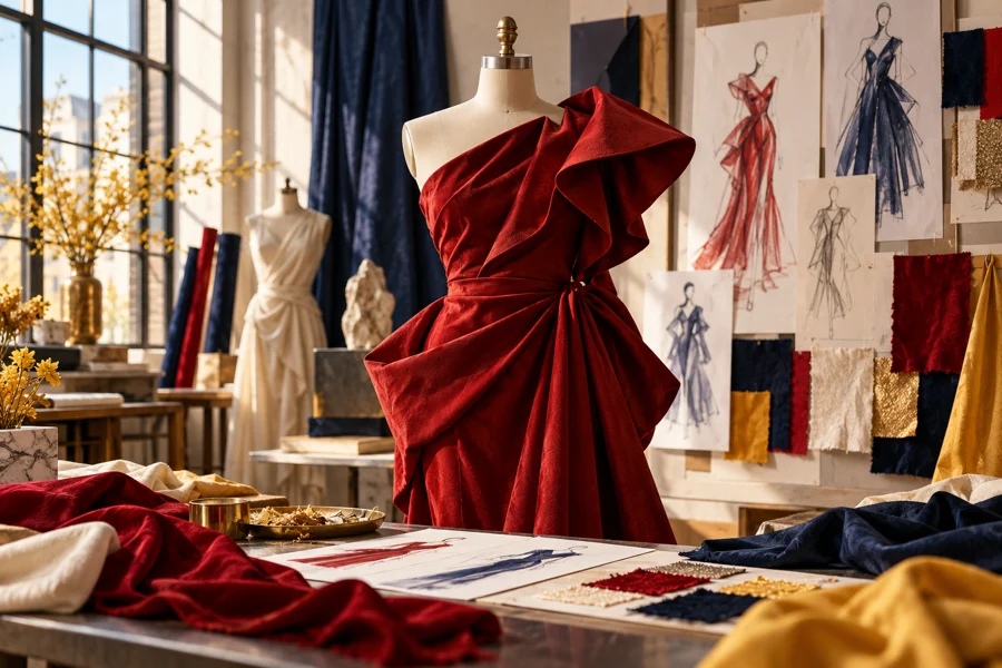 Illustrative fashion moodboard with fabric and garment studies